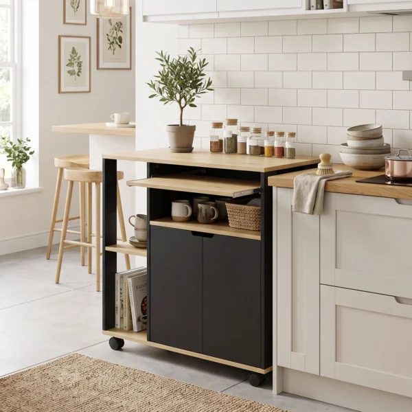 Rollender Küchenwagen Mit Stauraum, Schrank, Verstellbare Regale, Für Küche, Wohnzimmer, Esszimmer, Schwarz