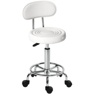 Rollhocker, Drehbarer Und Verstellbarer Hocker Mit Rückenlehne, Kunstlederbezug, Fußstütze, Für Frisiertische, Weiß