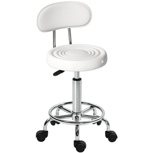 Rollhocker, Drehbarer Und Verstellbarer Hocker Mit Rückenlehne, Kunstlederbezug, Fußstütze, Für Frisiertische, Weiß