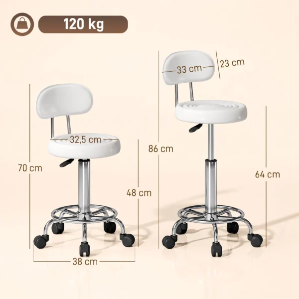 Rollhocker, Drehbarer Und Verstellbarer Hocker Mit Rückenlehne, Kunstlederbezug, Fußstütze, Für Frisiertische, Weiß
