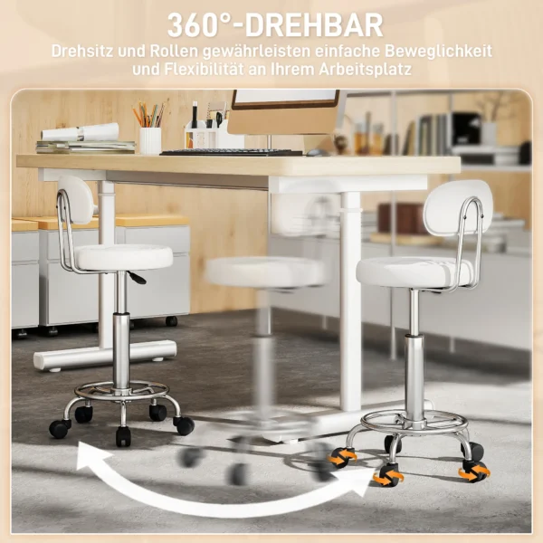 Rollhocker, Drehbarer Und Verstellbarer Hocker Mit Rückenlehne, Kunstlederbezug, Fußstütze, Für Frisiertische, Weiß