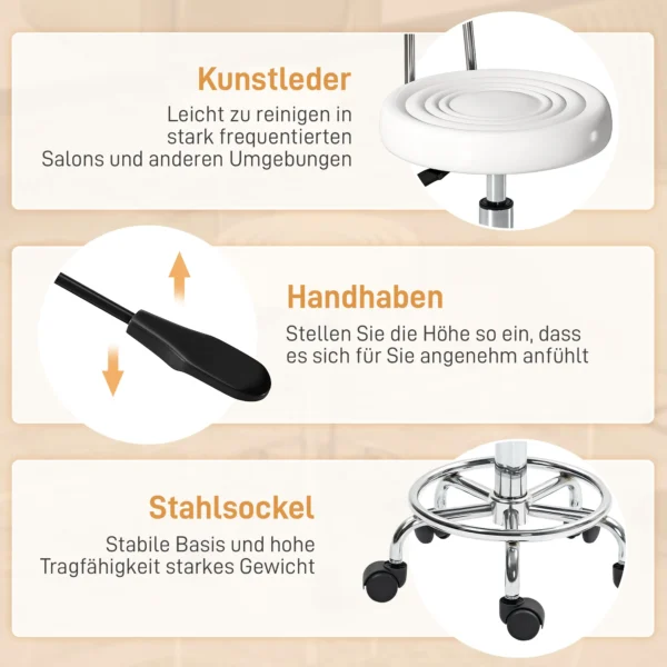 Rollhocker, Drehbarer Und Verstellbarer Hocker Mit Rückenlehne, Kunstlederbezug, Fußstütze, Für Frisiertische, Weiß