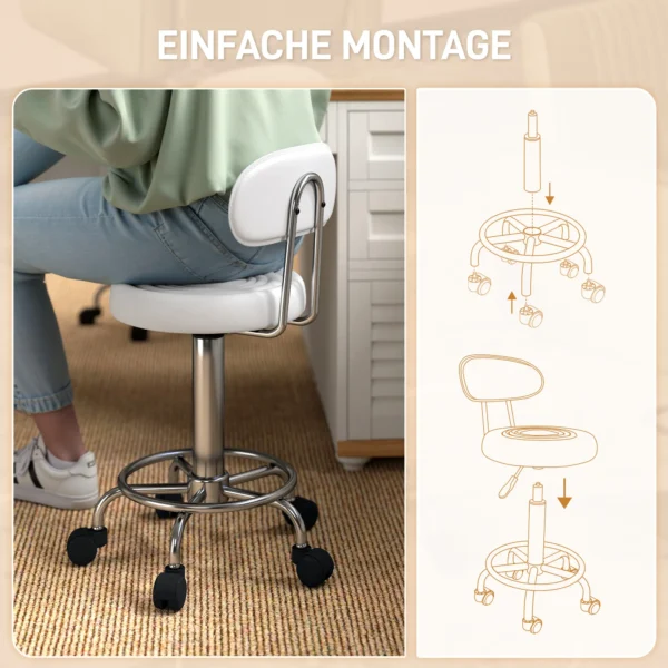 Rollhocker, Drehbarer Und Verstellbarer Hocker Mit Rückenlehne, Kunstlederbezug, Fußstütze, Für Frisiertische, Weiß