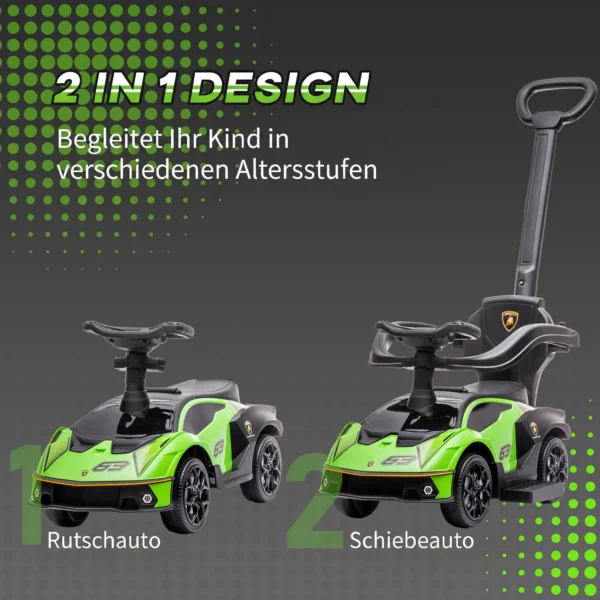 Rutschauto Mit Schiebstange 2 in 1 Rutschfahrzeug Mit Lenkrad Mit Hupe Fußstütze Sitzstauraum Grün