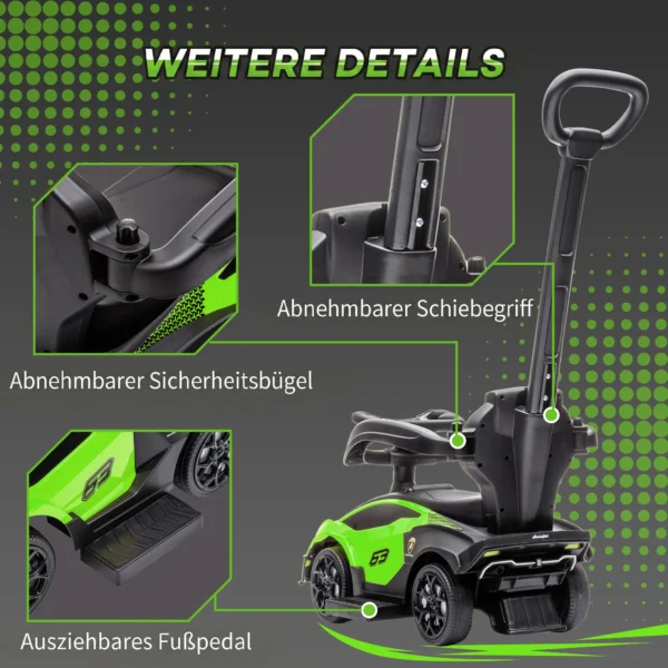 Rutschauto Mit Schiebstange 2 in 1 Rutschfahrzeug Mit Lenkrad Mit Hupe Fußstütze Sitzstauraum Grün