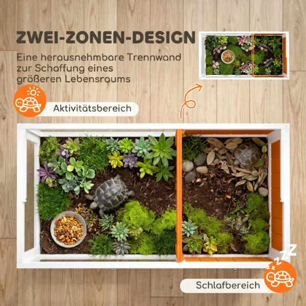 Schildkrötenhaus Aus Holz Schildkrötengehege Mit Haupthaus, Sichtfenster, Deckel, 104cm X 53cm X 82cm, Weiß+Orange
