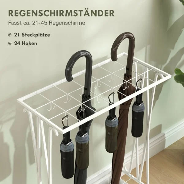 Schirmständer Mit Herausnehmbarer Tropfwasserschale, Regenschirmständer Mit 21 Öffnungen Und 24 Haken, Stahl, Weiß
