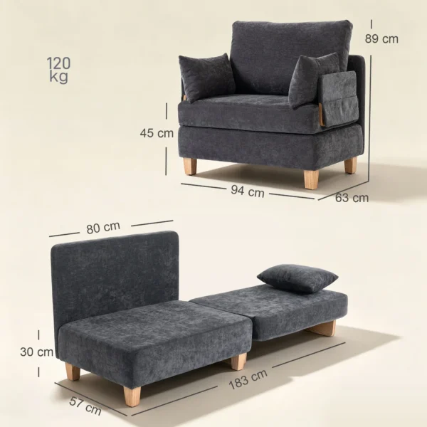 Schlafsessel 2 in 1 Mit Bettfunktion, Schlafsofa Mit 2 Waschbaren Kissen, Seitentaschen Für Wohnzimmer, Schlafzimmer