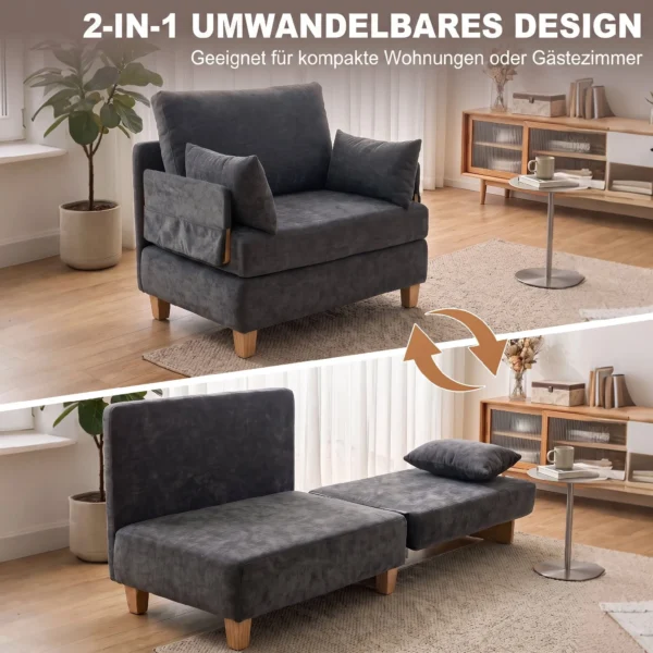 Schlafsessel 2 in 1 Mit Bettfunktion, Schlafsofa Mit 2 Waschbaren Kissen, Seitentaschen Für Wohnzimmer, Schlafzimmer