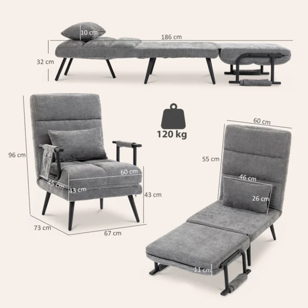Schlafsessel 3 In 1 Klappbar Sessel Mit Schlaffunktion, 186 X 60 Cm Schlafsessel Mit 5 stufig Verstellbarer Rückenlehne