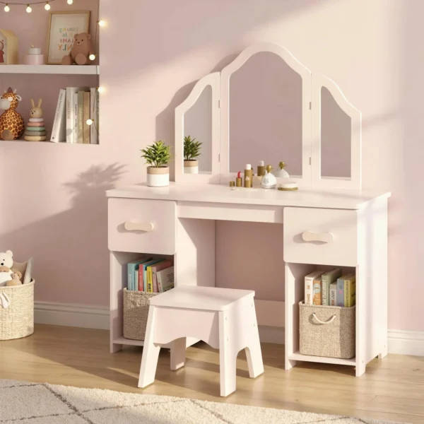 Schminktisch Kinder, 2 In 1 Kinderschminktisch Schreibtisch Mit Hocker 2 Schubladen 2 Schränken Abnehmbarem Spiegel Rosa