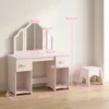 Schminktisch Kinder, 2 In 1 Kinderschminktisch Schreibtisch Mit Hocker 2 Schubladen 2 Schränken Abnehmbarem Spiegel Rosa