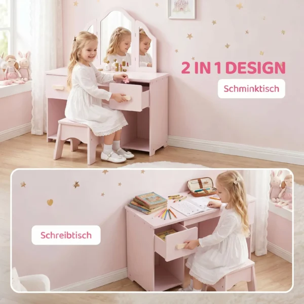 Schminktisch Kinder, 2 In 1 Kinderschminktisch Schreibtisch Mit Hocker 2 Schubladen 2 Schränken Abnehmbarem Spiegel Rosa