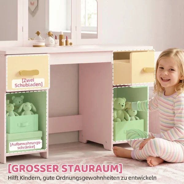 Schminktisch Kinder, 2 In 1 Kinderschminktisch Schreibtisch Mit Hocker 2 Schubladen 2 Schränken Abnehmbarem Spiegel Rosa