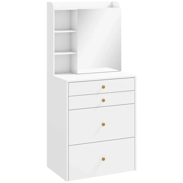 Schminktisch Mit Spiegel Und Gepolstertem Hocker, Kompakter Frisiertisch Mit Schrank, Schubladen Und Offenen Ablagen, Weiß