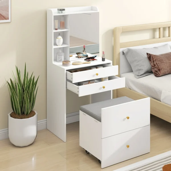 Schminktisch Mit Spiegel Und Gepolstertem Hocker, Kompakter Frisiertisch Mit Schrank, Schubladen Und Offenen Ablagen, Weiß