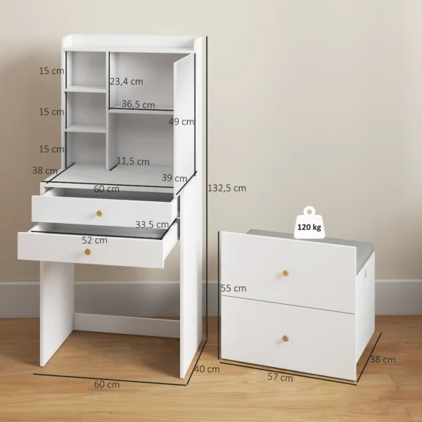 Schminktisch Mit Spiegel Und Gepolstertem Hocker, Kompakter Frisiertisch Mit Schrank, Schubladen Und Offenen Ablagen, Weiß