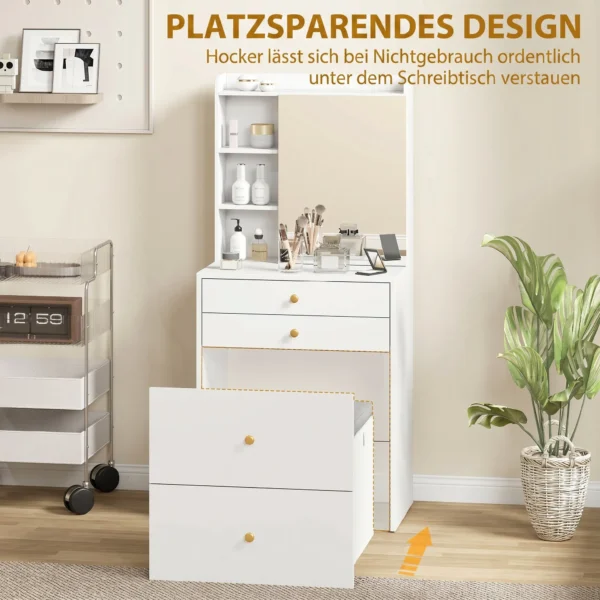 Schminktisch Mit Spiegel Und Gepolstertem Hocker, Kompakter Frisiertisch Mit Schrank, Schubladen Und Offenen Ablagen, Weiß
