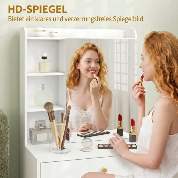 Schminktisch Mit Spiegel Und Gepolstertem Hocker, Kompakter Frisiertisch Mit Schrank, Schubladen Und Offenen Ablagen, Weiß