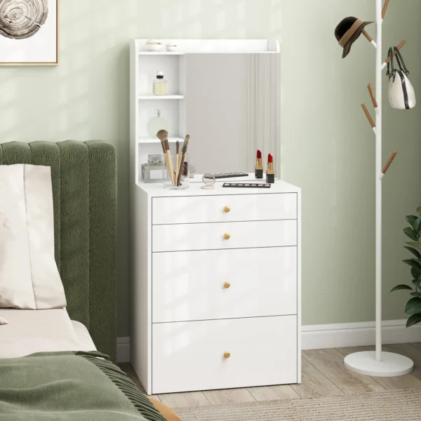 Schminktisch Mit Spiegel Und Gepolstertem Hocker, Kompakter Frisiertisch Mit Schrank, Schubladen Und Offenen Ablagen, Weiß