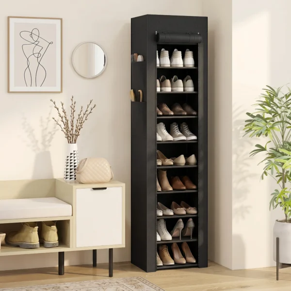 Schuhregal Aus Metall Mit Staubdichtem Stoffbezug, Für Bis Zu 20 Paar Schuhe, 45 X 30 X 175 Cm, Schwarz