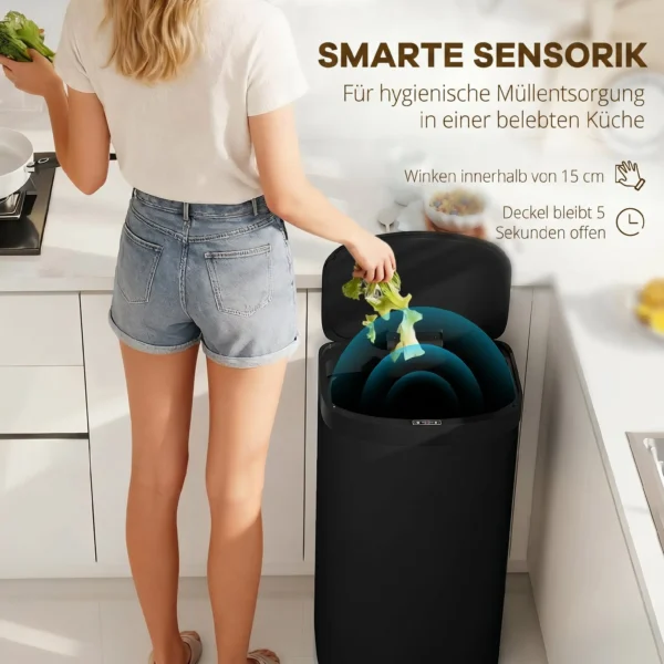 Sensor Mülleimer 55L Abfalleimer Mit Soft Close Deckel Aus Edelstahl, Für Küche Fitnessstudio Büro, Schwarz