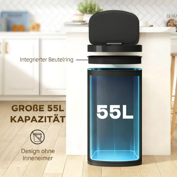 Sensor Mülleimer 55L Abfalleimer Mit Soft Close Deckel Aus Edelstahl, Für Küche Fitnessstudio Büro, Schwarz