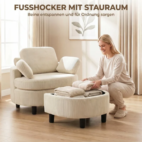 Sessel Mit Aufbewahrungshocker, Cord Bezug, Rundum Lesesessel Mit Verstellbarer Kopfstütze, Breiter Sitz, Cremeweiß