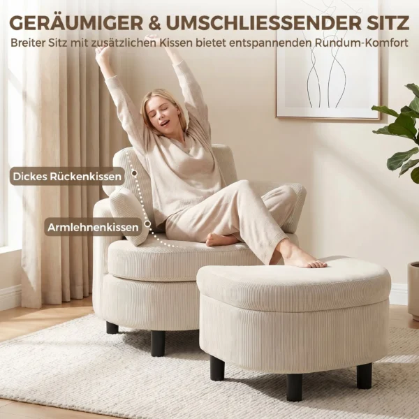 Sessel Mit Aufbewahrungshocker, Cord Bezug, Rundum Lesesessel Mit Verstellbarer Kopfstütze, Breiter Sitz, Cremeweiß