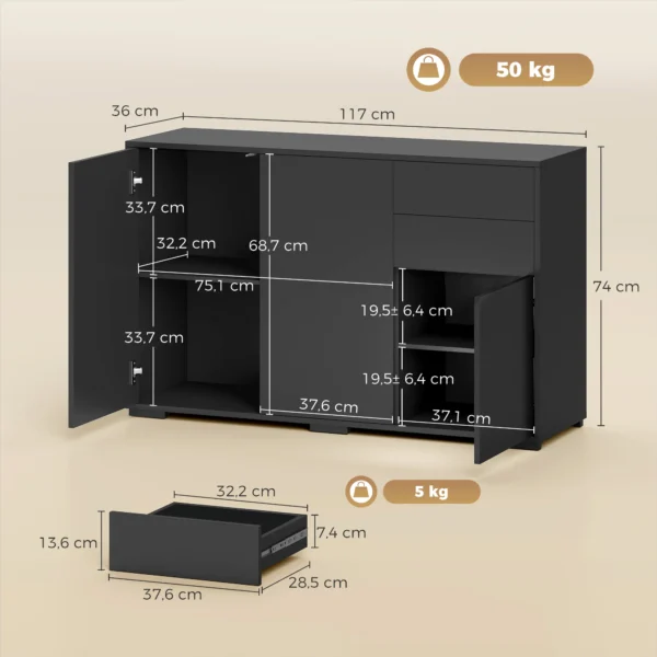 Sideboard Kommode Anrichte, 2 Schubladen, Push Click, 117 Cm X 36 Cm X 74 Cm, Schwarz