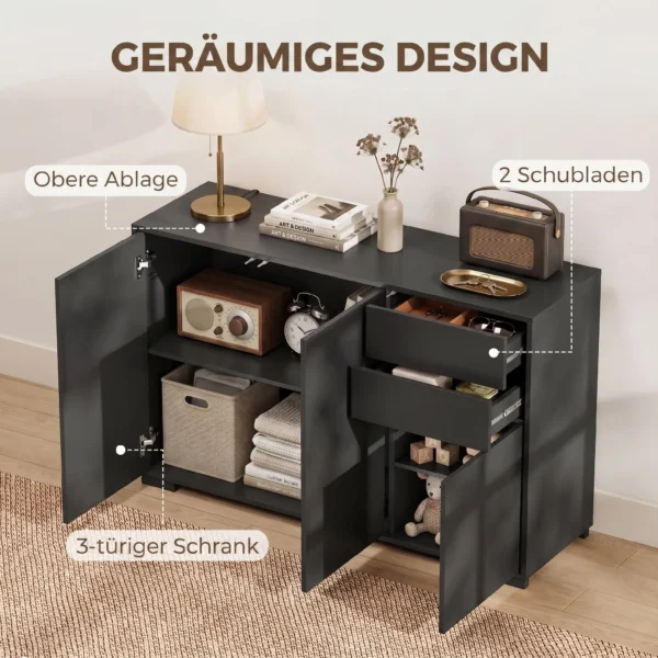 Sideboard Kommode Anrichte, 2 Schubladen, Push Click, 117 Cm X 36 Cm X 74 Cm, Schwarz