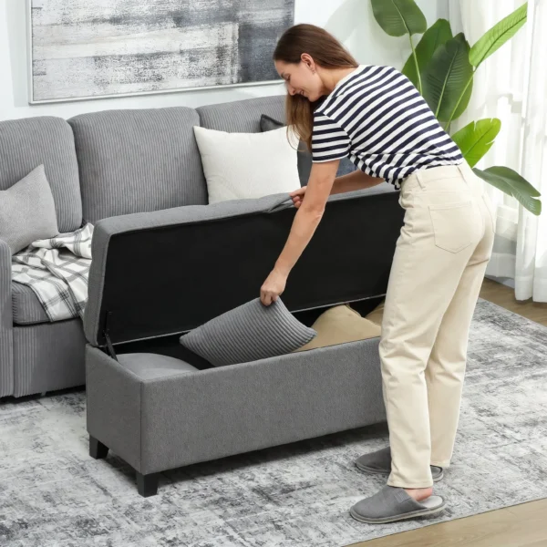 Sitzbank Mit Stauraum, Polsterbank 120x40x48 Cm Mit Sicherheits Scharniern, Leinenoptik, Dunkelgrau