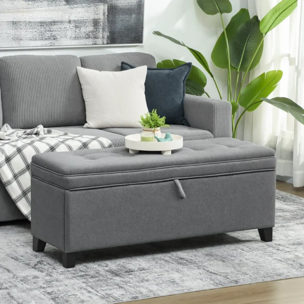 Sitzbank Mit Stauraum, Polsterbank 120x40x48 Cm Mit Sicherheits Scharniern, Leinenoptik, Dunkelgrau