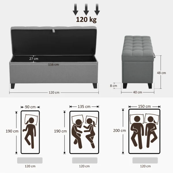Sitzbank Mit Stauraum, Polsterbank 120x40x48 Cm Mit Sicherheits Scharniern, Leinenoptik, Dunkelgrau