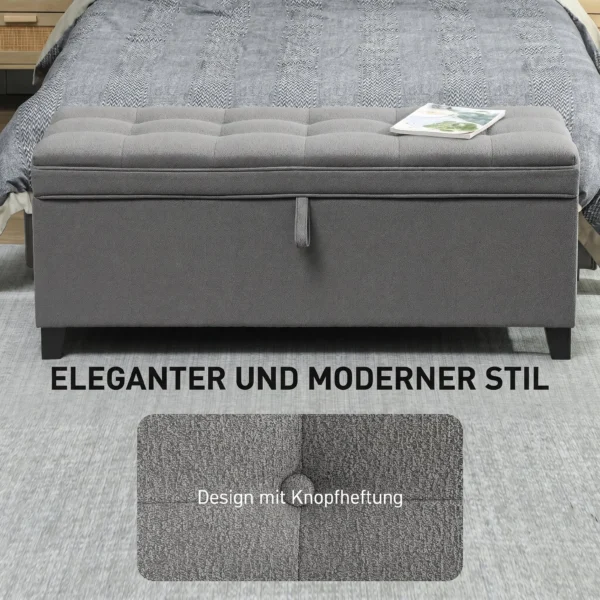 Sitzbank Mit Stauraum, Polsterbank 120x40x48 Cm Mit Sicherheits Scharniern, Leinenoptik, Dunkelgrau