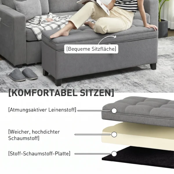 Sitzbank Mit Stauraum, Polsterbank 120x40x48 Cm Mit Sicherheits Scharniern, Leinenoptik, Dunkelgrau