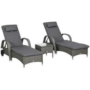 Sonnenliege Verstellbar Gartenliege Tisch 3er Set Polyrattan Metall Wetterfest Dunkelgrau