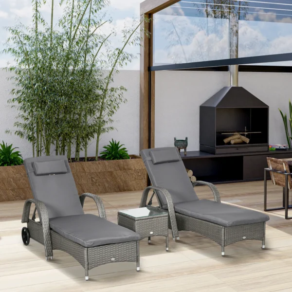 Sonnenliege Verstellbar Gartenliege Tisch 3er Set Polyrattan Metall Wetterfest Dunkelgrau