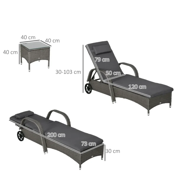 Sonnenliege Verstellbar Gartenliege Tisch 3er Set Polyrattan Metall Wetterfest Dunkelgrau