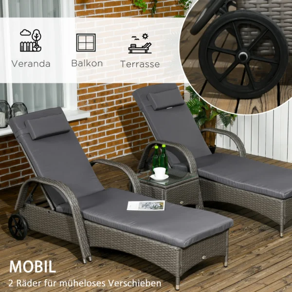 Sonnenliege Verstellbar Gartenliege Tisch 3er Set Polyrattan Metall Wetterfest Dunkelgrau
