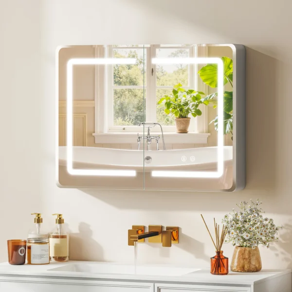Spiegelschrank Für Das Badezimmer Mit LED Beleuchtung, 60 X 80 Cm Badschrank Mit Anti Beschlag, 3 fach Dimmbare