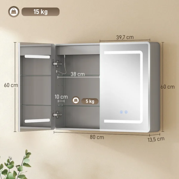 Spiegelschrank Für Das Badezimmer Mit LED Beleuchtung, 60 X 80 Cm Badschrank Mit Anti Beschlag, 3 fach Dimmbare