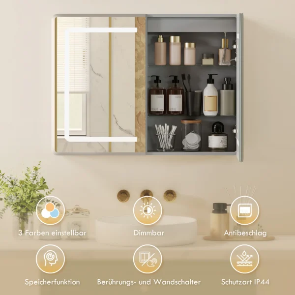 Spiegelschrank Für Das Badezimmer Mit LED Beleuchtung, 60 X 80 Cm Badschrank Mit Anti Beschlag, 3 fach Dimmbare