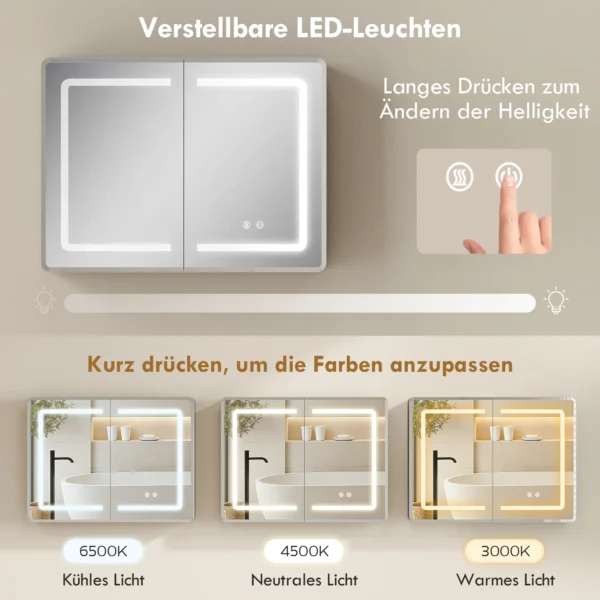 Spiegelschrank Für Das Badezimmer Mit LED Beleuchtung, 60 X 80 Cm Badschrank Mit Anti Beschlag, 3 fach Dimmbare