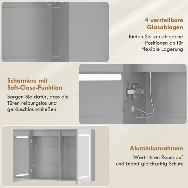Spiegelschrank Für Das Badezimmer Mit LED Beleuchtung, 60 X 80 Cm Badschrank Mit Anti Beschlag, 3 fach Dimmbare