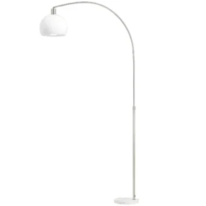 Stehlampe, Gebogener Kopf, Fußschalter, Marmorsockel, Kunststoffschirm, Weiß