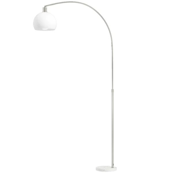 Stehlampe, Gebogener Kopf, Fußschalter, Marmorsockel, Kunststoffschirm, Weiß