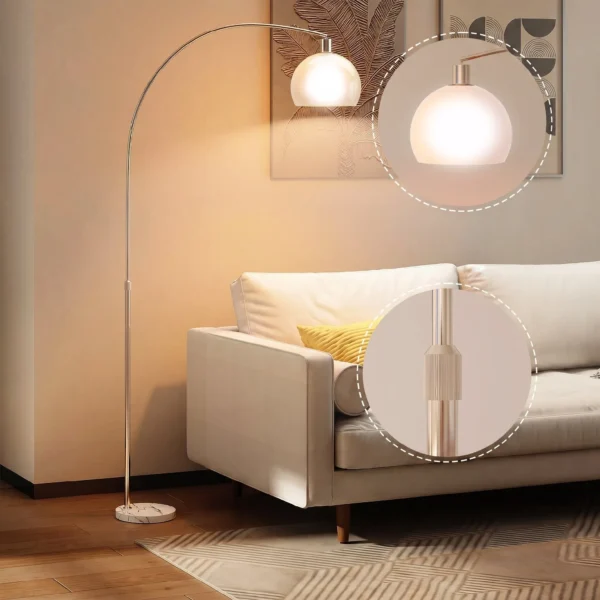 Stehlampe, Gebogener Kopf, Fußschalter, Marmorsockel, Kunststoffschirm, Weiß