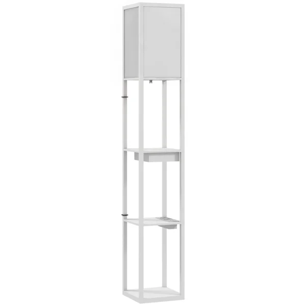 Stehlampe Mit 3 stufigem Regal, Fußschalter, USB Anschlüssen, MDF, Weiß