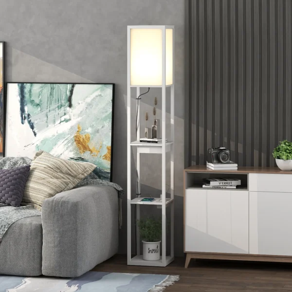 Stehlampe Mit 3 stufigem Regal, Fußschalter, USB Anschlüssen, MDF, Weiß